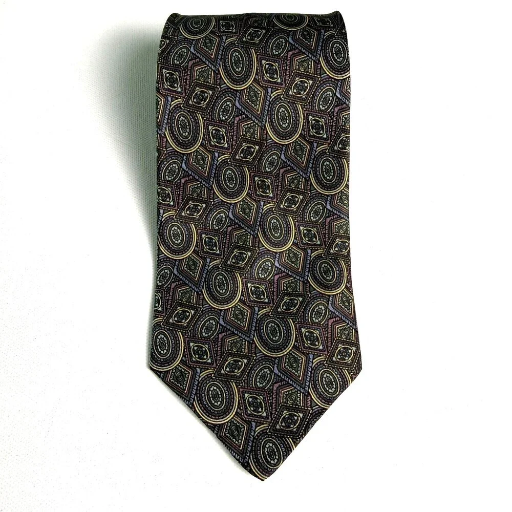 VTG Woodward’s Classic 100%Silk Tie Abstract Geometric Oval Diamond Green Purple